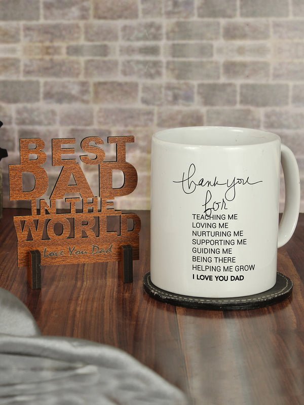 Fathers Day Gift for Dad from Son Daughter Printed Mug with Engraved Wooden Stand Showpiece