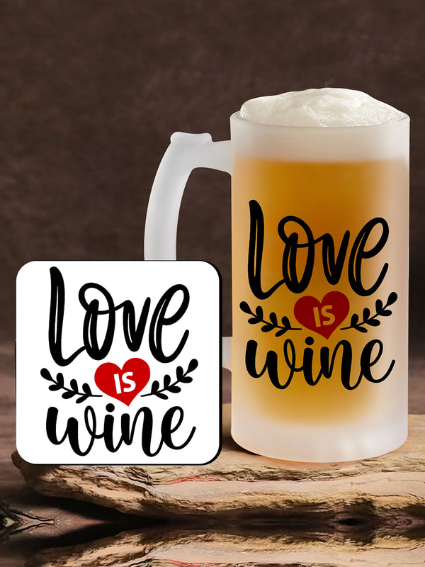 White & Red Printed Frosted Glass Beer Mug with Wooden Coaster Gift Set