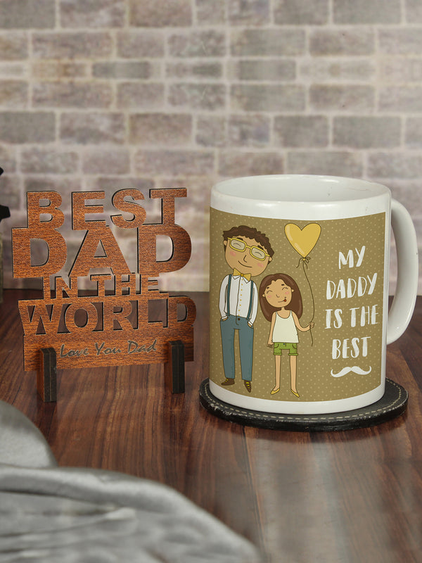 Fathers Day Special Combo Printed Coffee Mug with Engraved Wooden Stand Showpiece