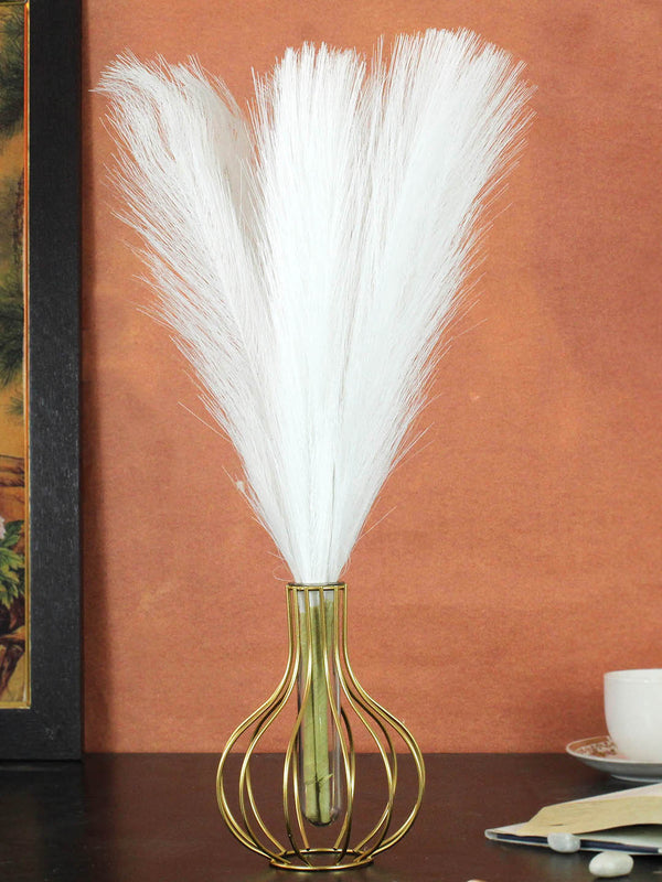 3 Pcs Faux Pampas Small Fluffy Artificial Flowers Fake Flower (White) with Vase