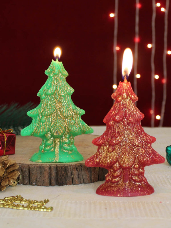 Christmas Xmas Tree-Shaped Candles With Glitter Set Of 2
