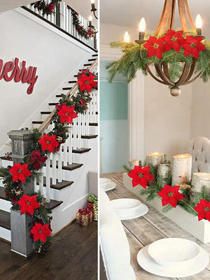 40 Poinsettias Artificielles En Soie Pour Noël - 7 Têtes Par Bouquet, 35 Cm - Déco De Table, Couronne, Sapin - Sans Entretien