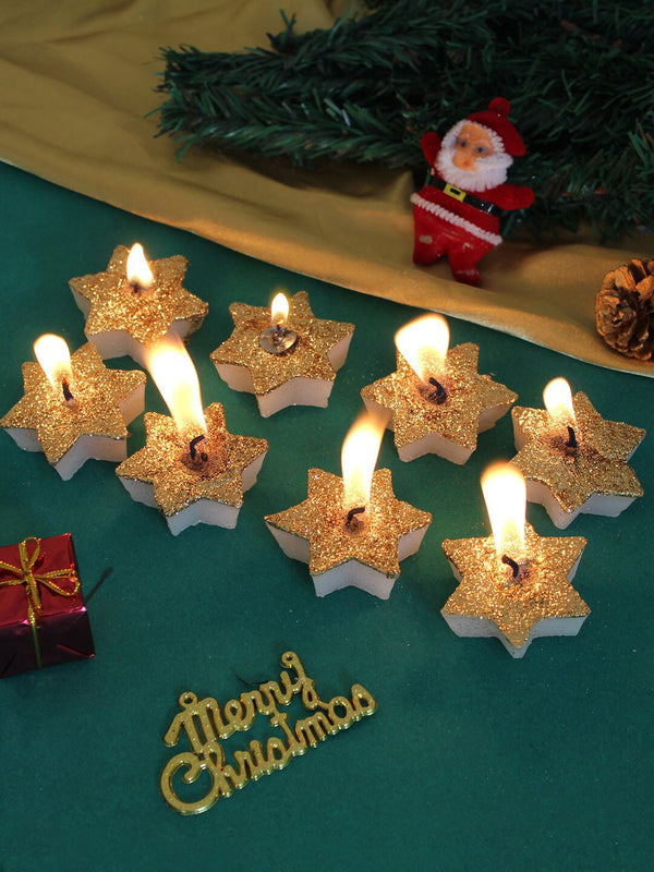 Gold & White Glittered Christmas Star Candles Set Of 8
