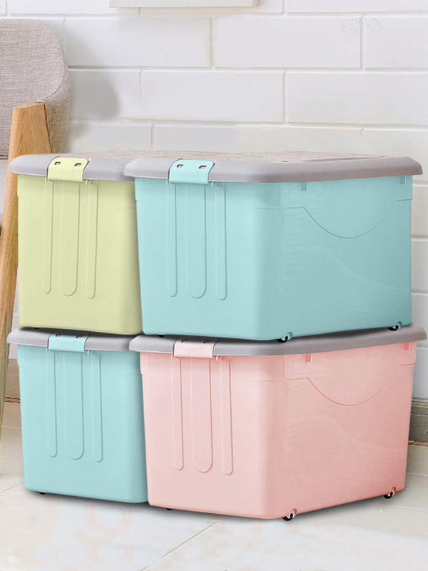 Storage Container with Closing Lid, Wheels and Side Locking Handles for Laundry , (Set of 4), 40 X 28 X 26 Cm, Multicolour, plastic