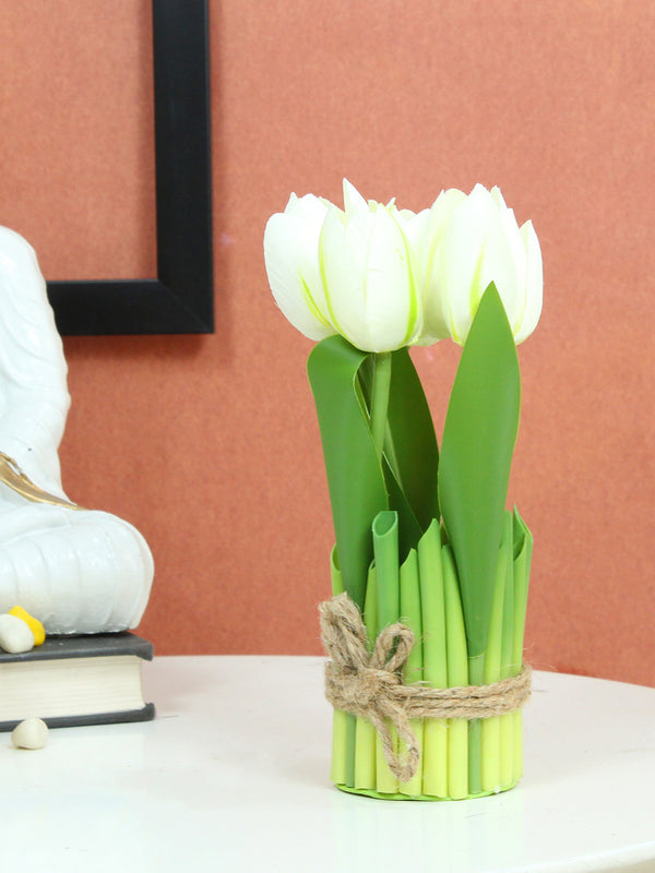 Artificial Tulip Lily Flowers Plants for Decoration (White, 24.5 cm x 6.3 cm)