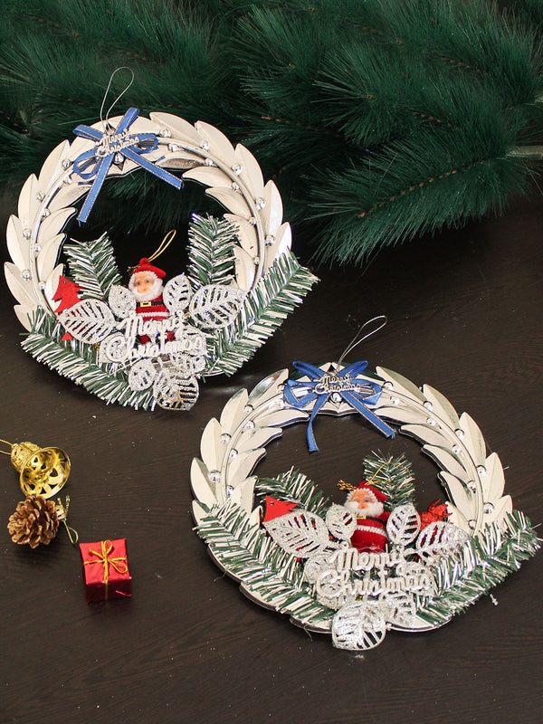 Set Of 2 Silver-Toned & Green Hanging Christmas Wreath
