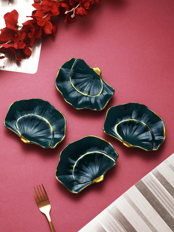Teal Green & Gold Toned 4 Pieces Textured Serving Platters - 350 ml each