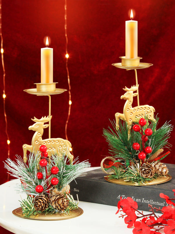 Set of 2 Christmas Table Centerpieces Reindeer Candle Holder with Red Berries