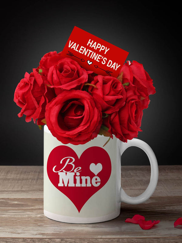 Valentine Gift Set of 12 Artificial Red Rose Bunch with Mug & Card