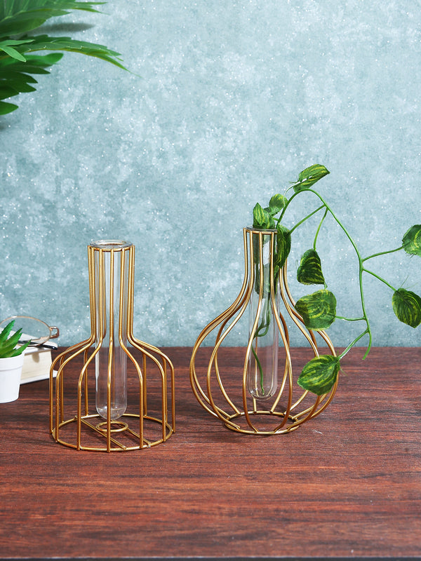 Gold-Toned Metal Base Test Tube Plantter Flower Vase