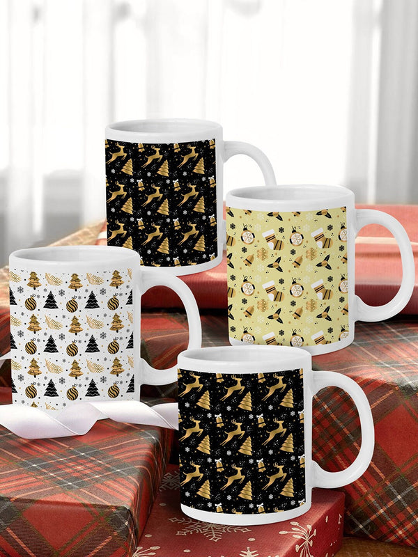 Set of 4 White & Black Christmas Printed Ceramic Matte Cups