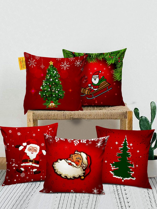 Multicoloured Set of 5 Decorative Christmas Printed Square Cushion Covers