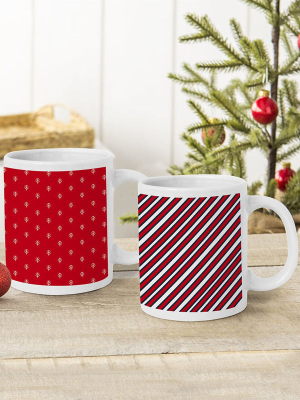 Set Of 2 Red & White Christmas Printed Ceramic Matte Cups