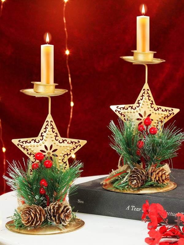 Metal Christmas Table Centerpieces Candle Holder with Red Berries ( 2 Pcs )