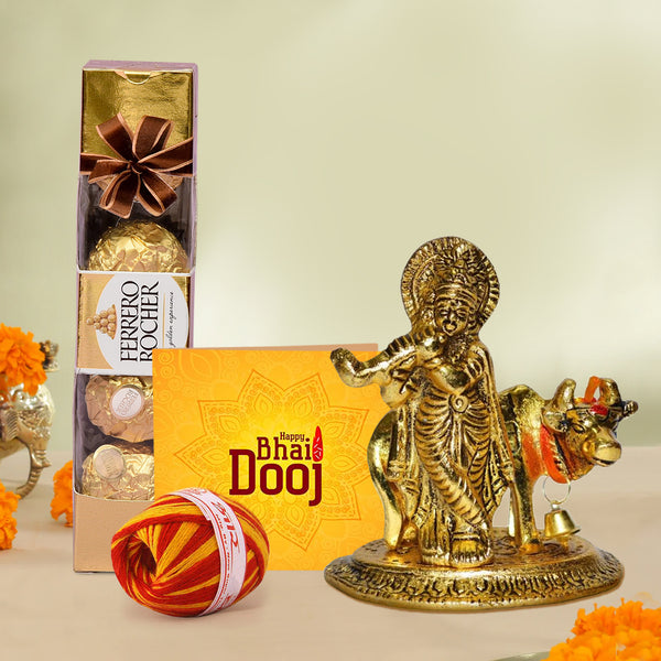 Bhai Dooj Combo Gifts (Metal Krishna with Cow) for Brother with Ferrero Rocher Chocolates, Kalawa & Roli Chawa