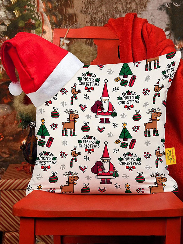 White & Red Christmas Printed Square Cushion Cover With Filler & Santa Cap