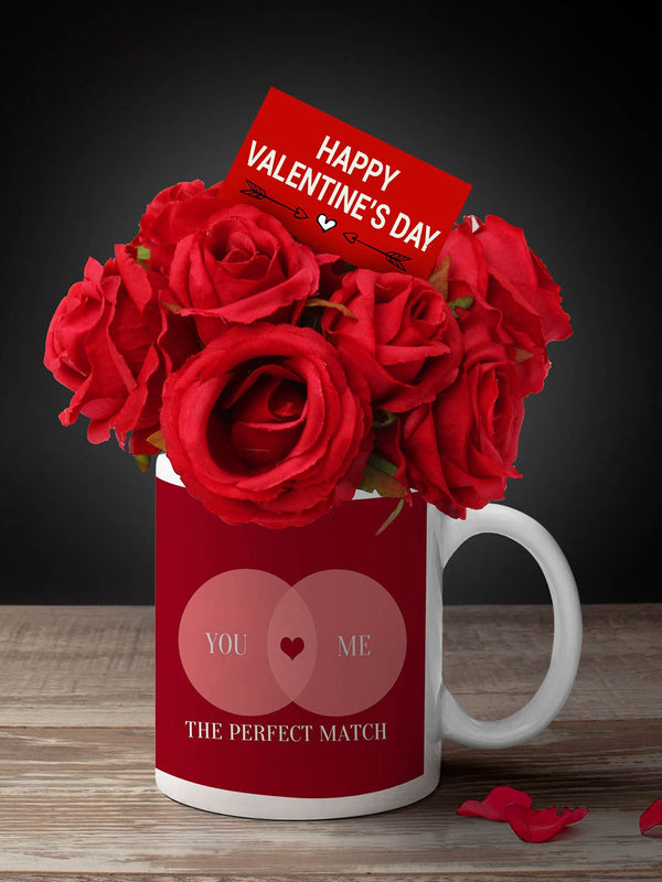 Valentine Gift Set of 12 Artificial Red Rose Flower Bunch with Mug & Card