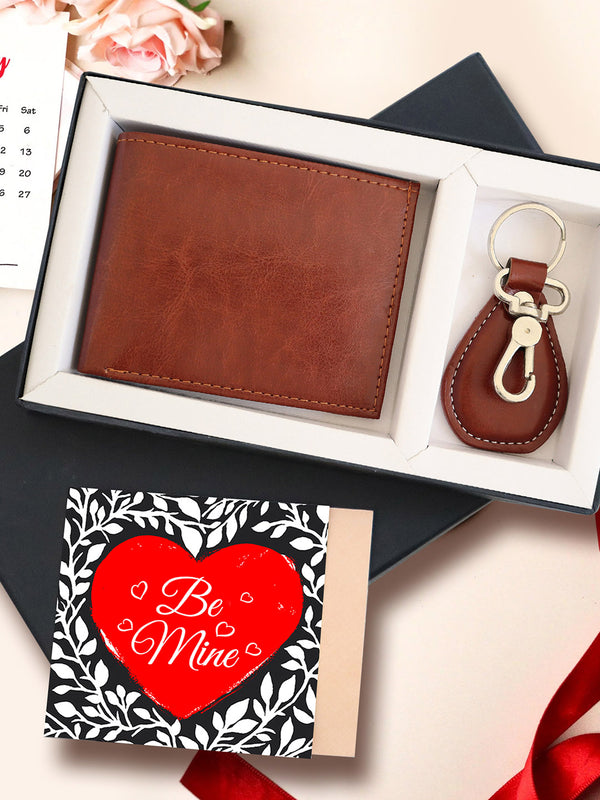 3-Pcs Red & Brown Valentine Theme Leather wallet  Keychain & Card Home Gift Set