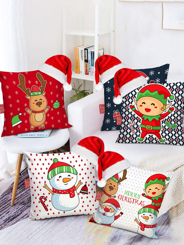 White & Red Set of 5 Quirky Square Christmas Cushion Covers