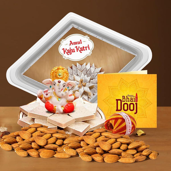 Bhai Dooj Gift With Sweets Amul Kaju Katli Almonds & Ganesh Idol