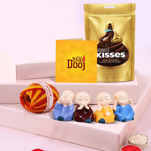 Bhai Dooj Combo Gifts (Monk Idol Statue ) for Brother with Hershey's Kisses Chocolate, Kalawa & Roli Chawa