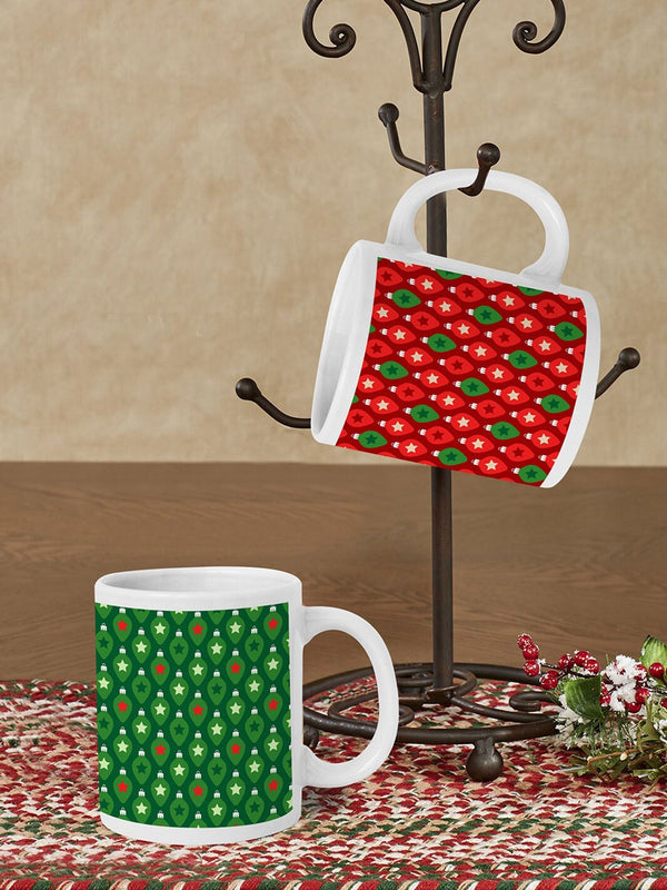 Set Of 2 Red & Green Christmas Printed Ceramic Matte Mugs
