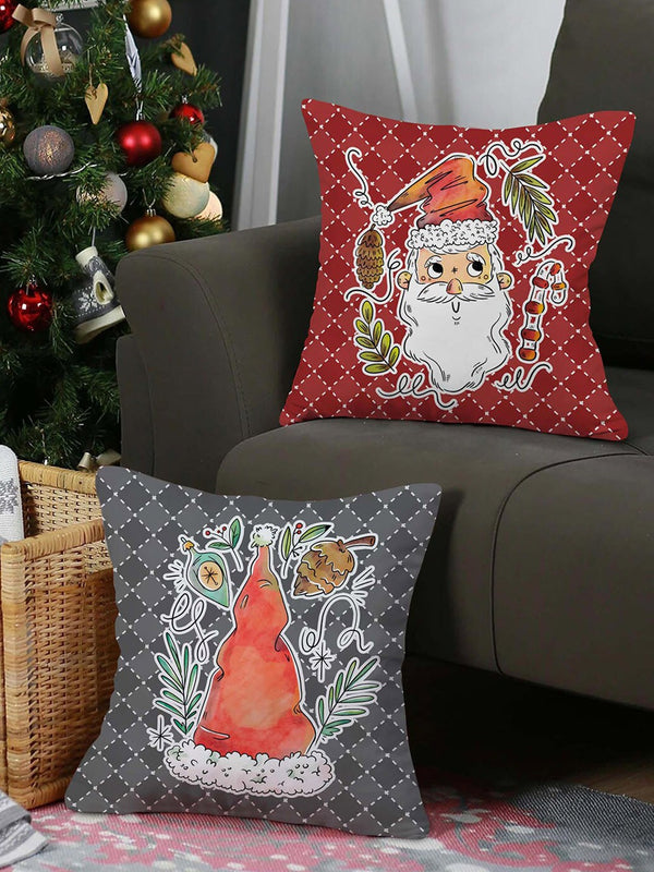 Grey & Red Set of 2 Ethnic Motifs Square Christmas Cushion Covers