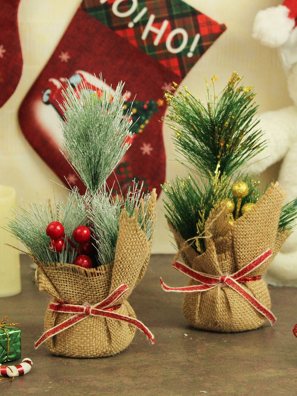 Set Of 2 Green & Brown Table Trees With Ornaments