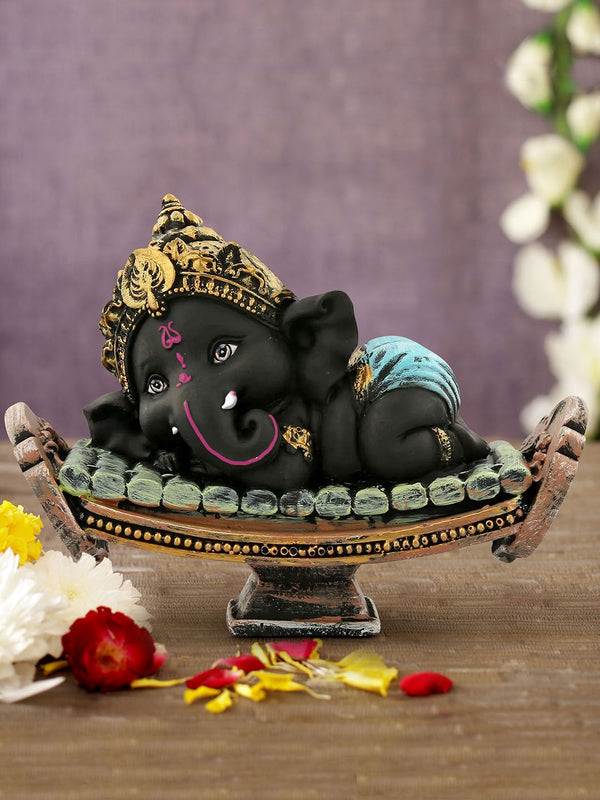 Black and Gold Toned Polyresin Lord Ganesha Idol