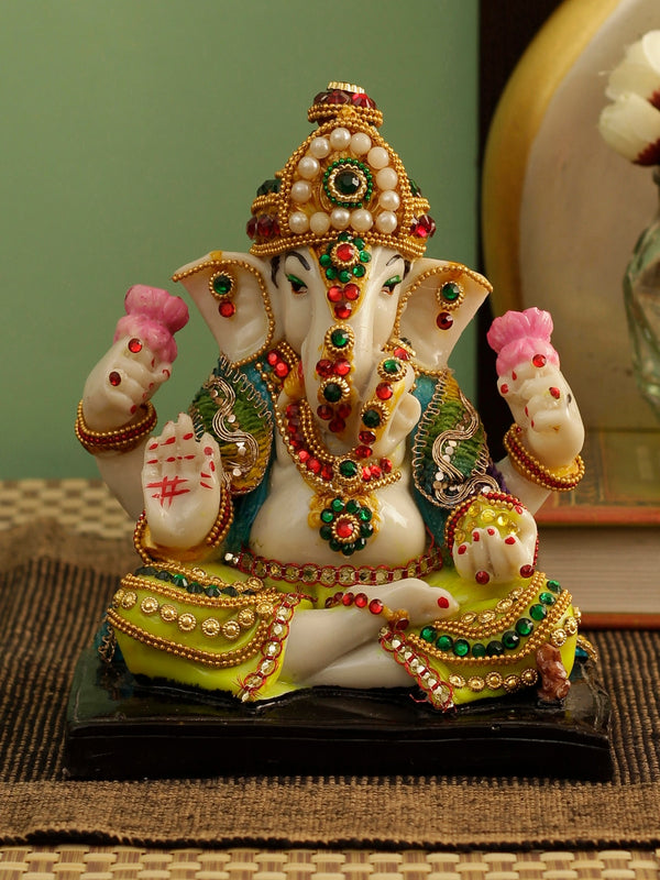 Cream-Coloured and Green Lord Ganesha Idol Showpiece