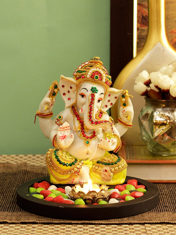 Cream-Coloured and Yellow Ganesha Tealight Candle Holder Showpiece