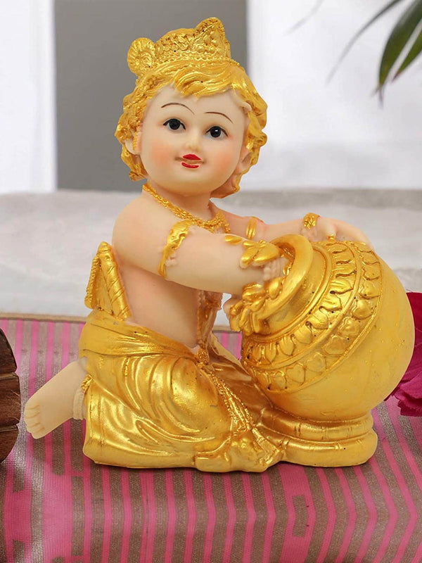 Gold-Toned and Beige Handcrafted Lord Krishna Makhan Chor Showpiece