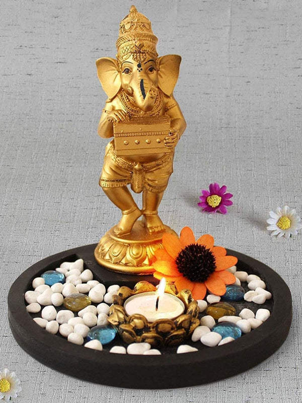 Gold-Toned and Black Ganesha Idol With Tray Stones and Tealight Candle Holder Showpiece