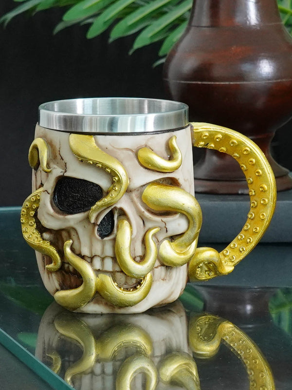 Gold-Toned Octopus Human Design 3D Viking Warrior Skull Mug