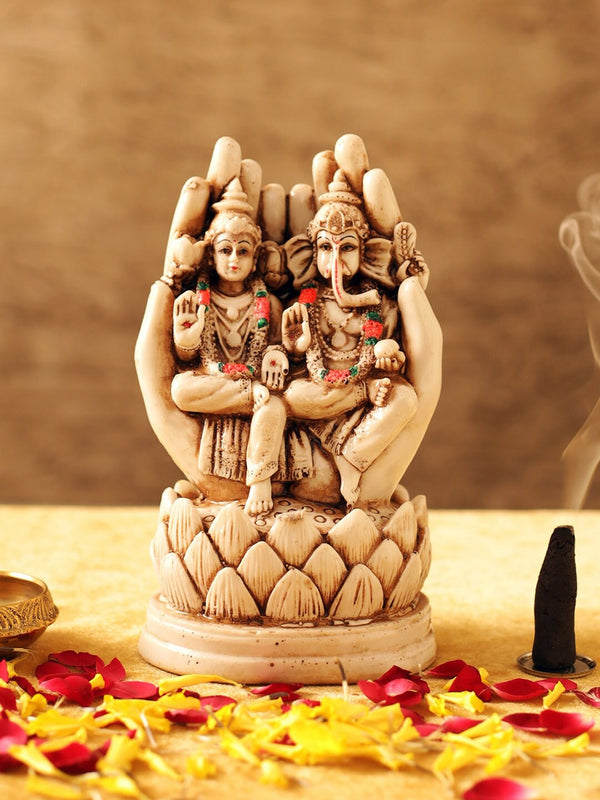 Off-White and Brown Polyresin Goddess Lakshmi & Lord Ganesha Showpiece