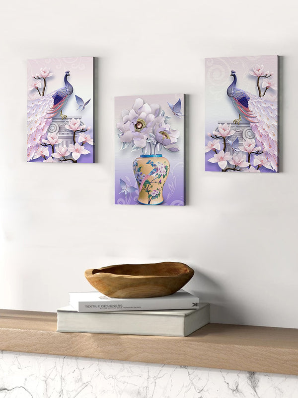 Multicoloured Set of 3 Peacock Painting