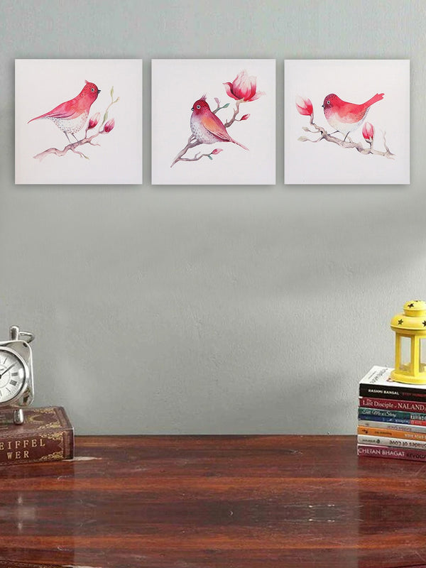Set Of 3 White & Pink Birds Hand-Painting