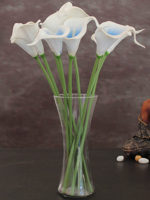 Set of 10 White and Blue Calla Lily Flower Sticks with Vase Pot