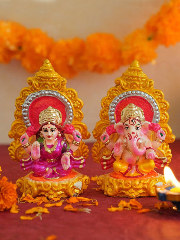 Set of 2 Gold-Toned and Orange Lord Laxmi Ganesha Idol Diwali Showpieces