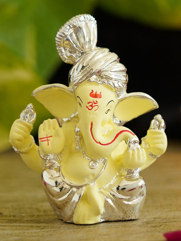 Silver-Toned and Beige Lord Ganesha Idol Statue Diwali Decoration Showpiece
