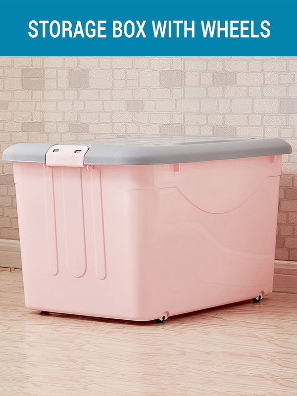 Plastic Multipurpose Storage Container with  Wheels and Side Locking Handles(Pink, Full)