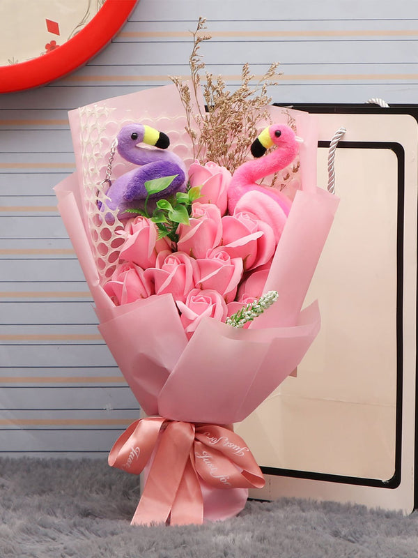 Pink Artificial Rose Flower Bouquet & Love Swan Couple