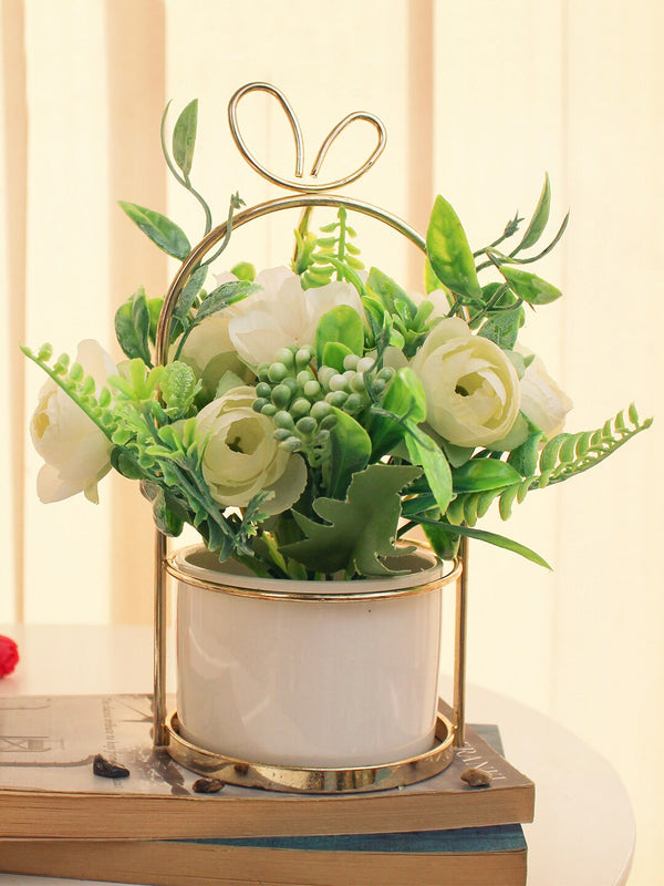 White and Green Artificial Flowers & Plants With Pot