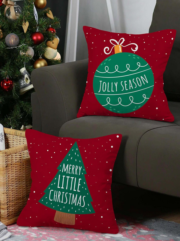 Set Of 2 Red & Green Christmas Decoration Square Cushion Covers Gift Set