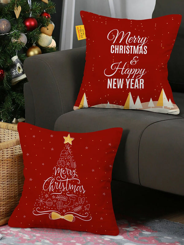 Maroon & White Set of 2 Christmas Theme Printed Rectangle Cushion Covers