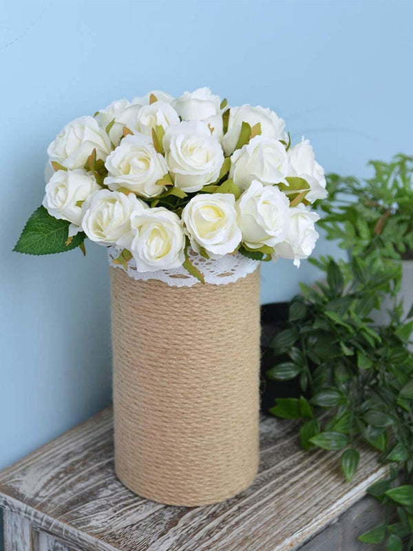 Set Of 12 White & Green Artificial Rose Flowers