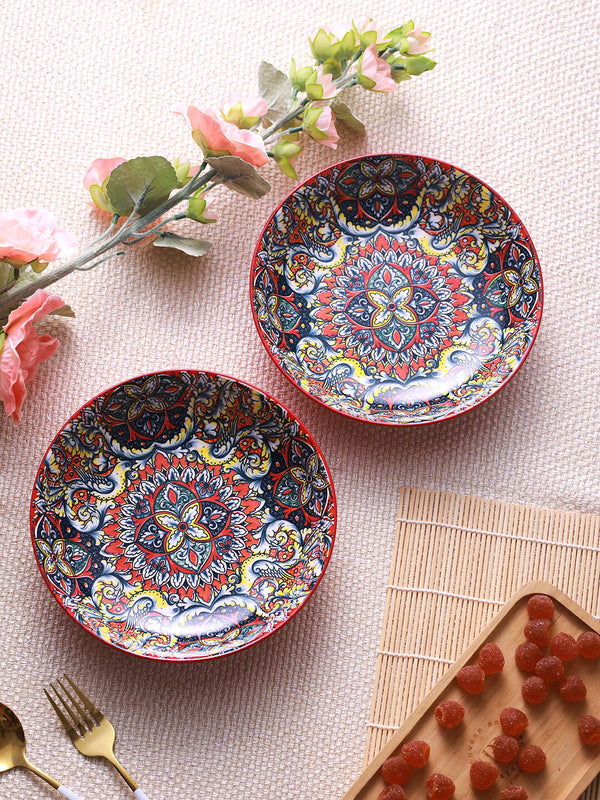 Blue & Red 2 Pieces Printed Ceramic Serving Bowls - 750 ml each