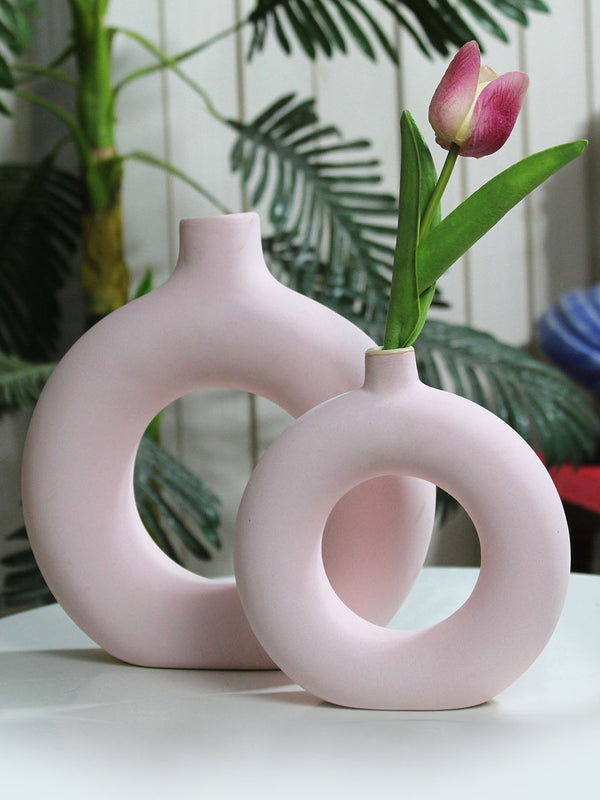 Pink 2 Pcs Donut Shaped Ceramic Flower Vases