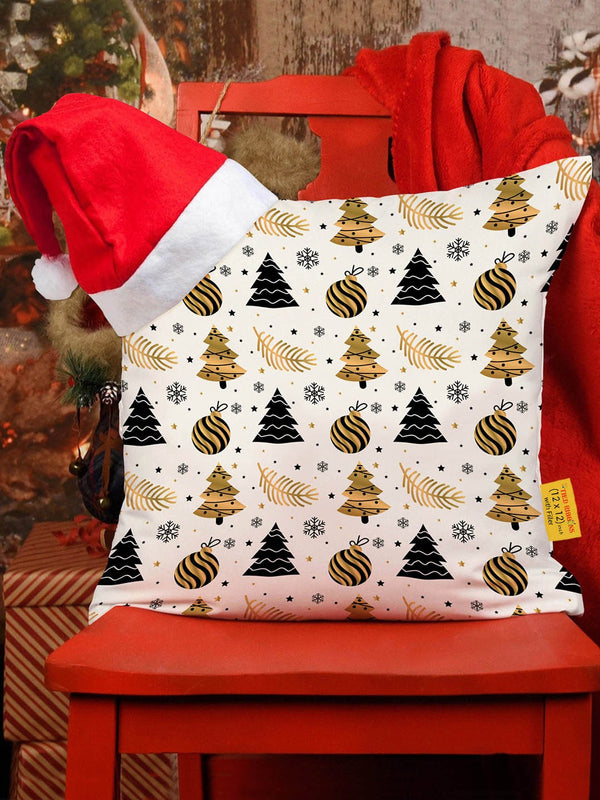 White & Yellow Christmas Printed Cushion Cover With Filler & Santa Cap