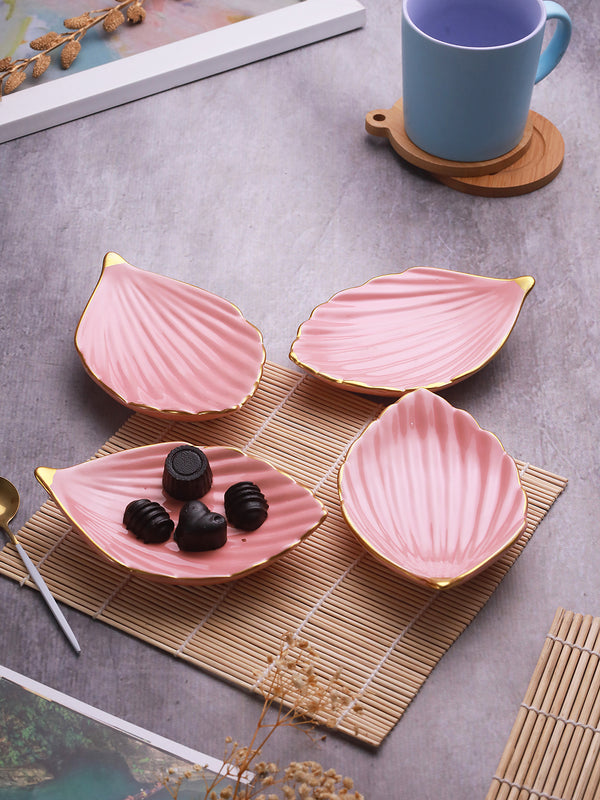 Pink 4 Pieces Textured Leaf Shaped Serving Dishes